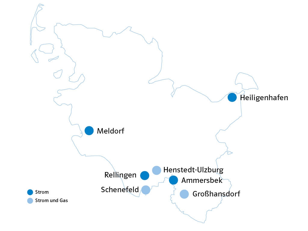 Karte von Schleswig-Holstein mit sieben markierten Orten,  unterschieden nach Strom- und Gasversorgung: Meldorf, Heiligenhafen, Henstedt-Ulzburg, Ammersbek, Großhansdorf (nur Strom) sowie Schenefeld und Rellingen (Strom und Gas).