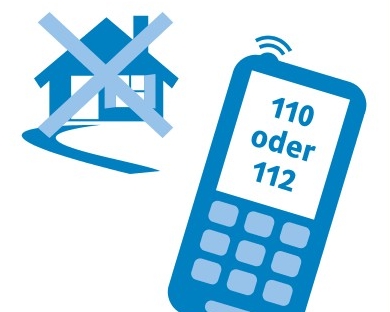 Infografik die ein Haus durchgestrichen zeigt und ein Mobiltelefon, welches benutzt wird um den Notruf anzurufen